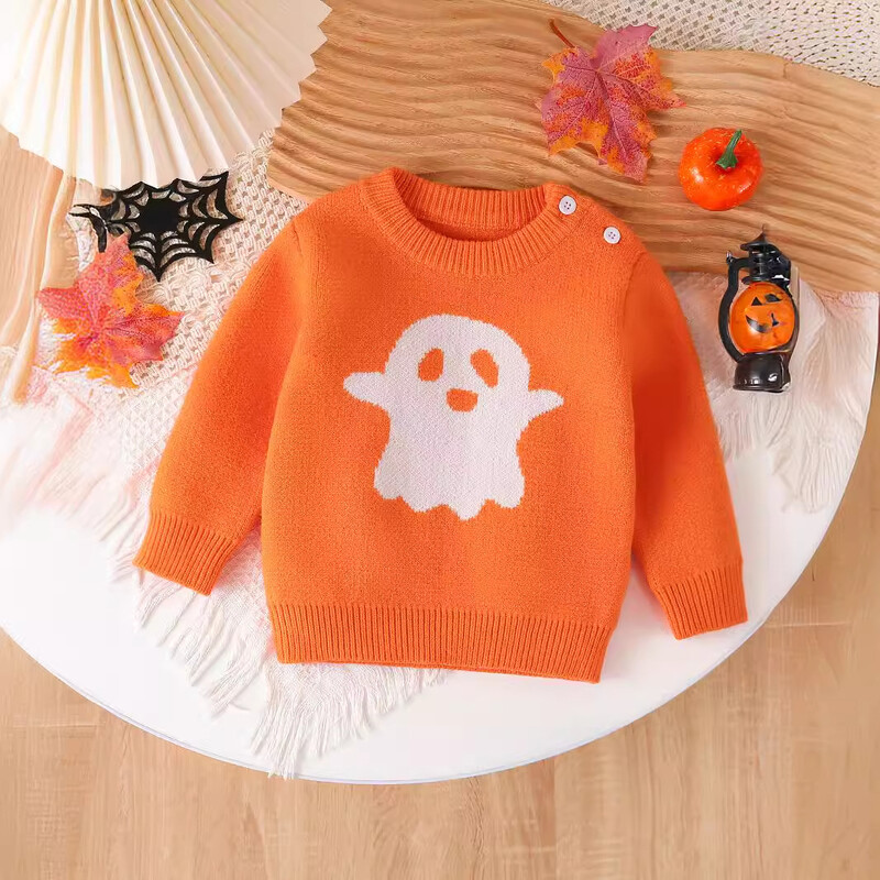 Απόκριες Φθινόπωρο Χειμώνας Βρεφικό πουλόβερ κοριτσιού Βαμβακερό ζακάρ Ghost Head Παιδικά κορίτσια Πλεκτά με στρογγυλό λαιμό Πουλόβερ για νήπια