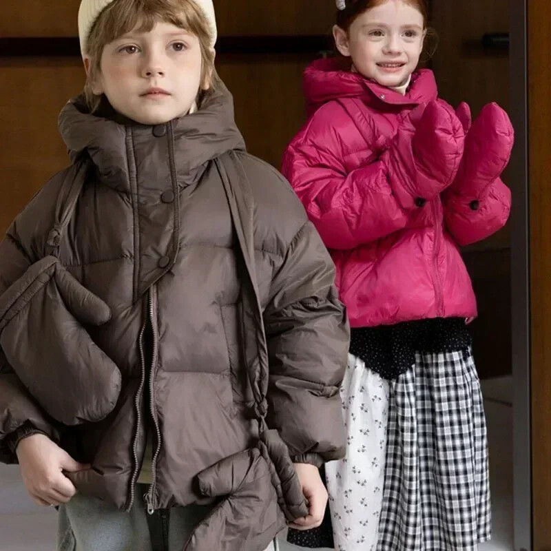 Iarnă, noi pentru copii, jachetă albă din puf de rață, cu mănuși, coreeană, de culoare uni, pentru copii mici, îmbrăcăminte exterioară, rezistentă la vânt, versatilă, băieți, fete