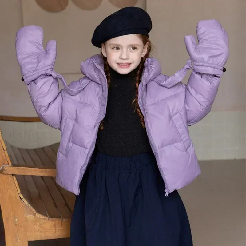 Iarnă, noi pentru copii, jachetă albă din puf de rață, cu mănuși, coreeană, de culoare uni, pentru copii mici, îmbrăcăminte exterioară, rezistentă la vânt, versatilă, băieți, fete