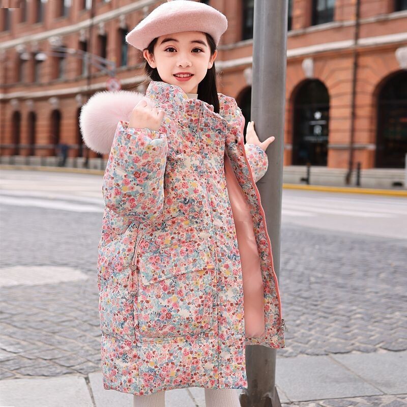 -30 Krievu ziemas meiteņu garie apģērbi ziedi mākslīgās kažokādas ar kapuci dūnu mētelis meitene pusaudze bērniem virsdrēbes silta parka TR306