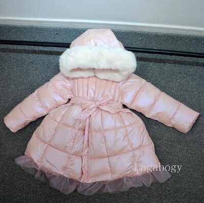 Μόδα Parka Girl's Real Fur Rooded Roots Slim Belt Casual Παιδικό παλτό Διχτυωτό φόρεμα Ζεστό παιδικό μπουφάν με βαμβακερή επένδυση TR202