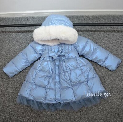 Μόδα Parka Girl's Real Fur Rooded Roots Slim Belt Casual Παιδικό παλτό Διχτυωτό φόρεμα Ζεστό παιδικό μπουφάν με βαμβακερή επένδυση TR202