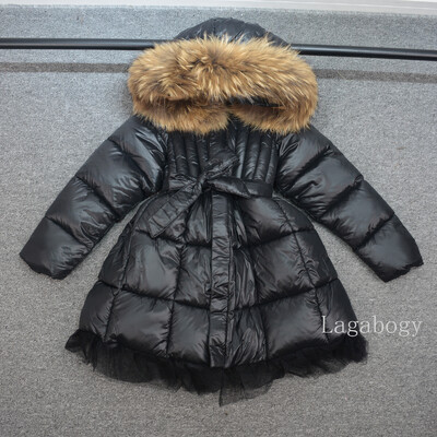 Μόδα Parka Girl's Real Fur Rooded Roots Slim Belt Casual Παιδικό παλτό Διχτυωτό φόρεμα Ζεστό παιδικό μπουφάν με βαμβακερή επένδυση TR202