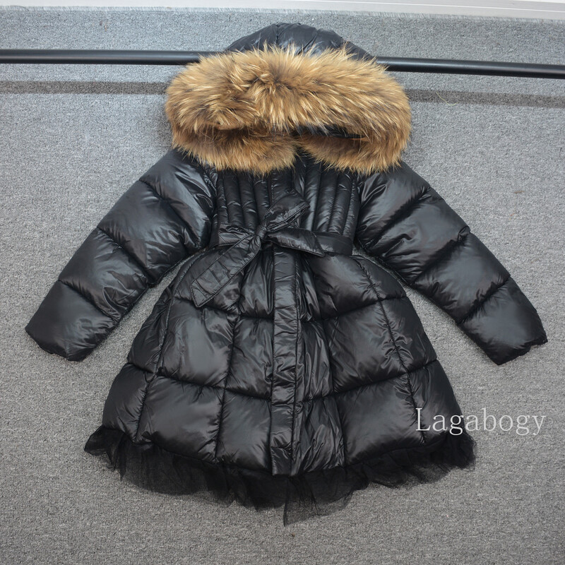 Μόδα Parka Girl's Real Fur Rooded Roots Slim Belt Casual Παιδικό παλτό Διχτυωτό φόρεμα Ζεστό παιδικό μπουφάν με βαμβακερή επένδυση TR202