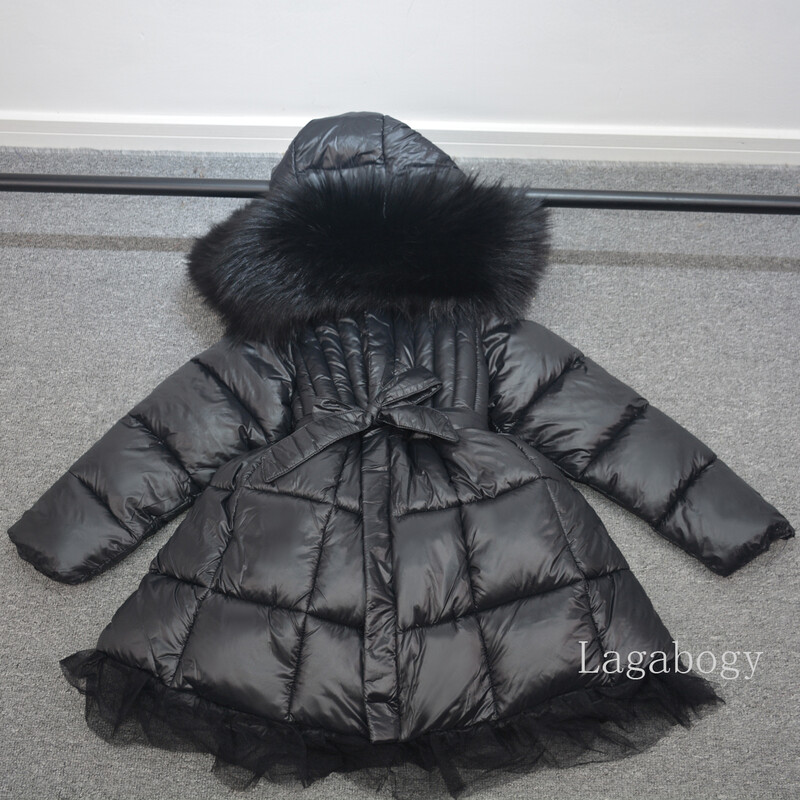 Μόδα Parka Girl's Real Fur Rooded Roots Slim Belt Casual Παιδικό παλτό Διχτυωτό φόρεμα Ζεστό παιδικό μπουφάν με βαμβακερή επένδυση TR202