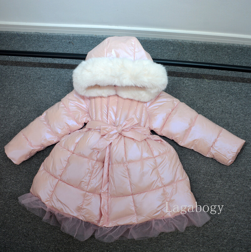 Μόδα Parka Girl's Real Fur Rooded Roots Slim Belt Casual Παιδικό παλτό Διχτυωτό φόρεμα Ζεστό παιδικό μπουφάν με βαμβακερή επένδυση TR202