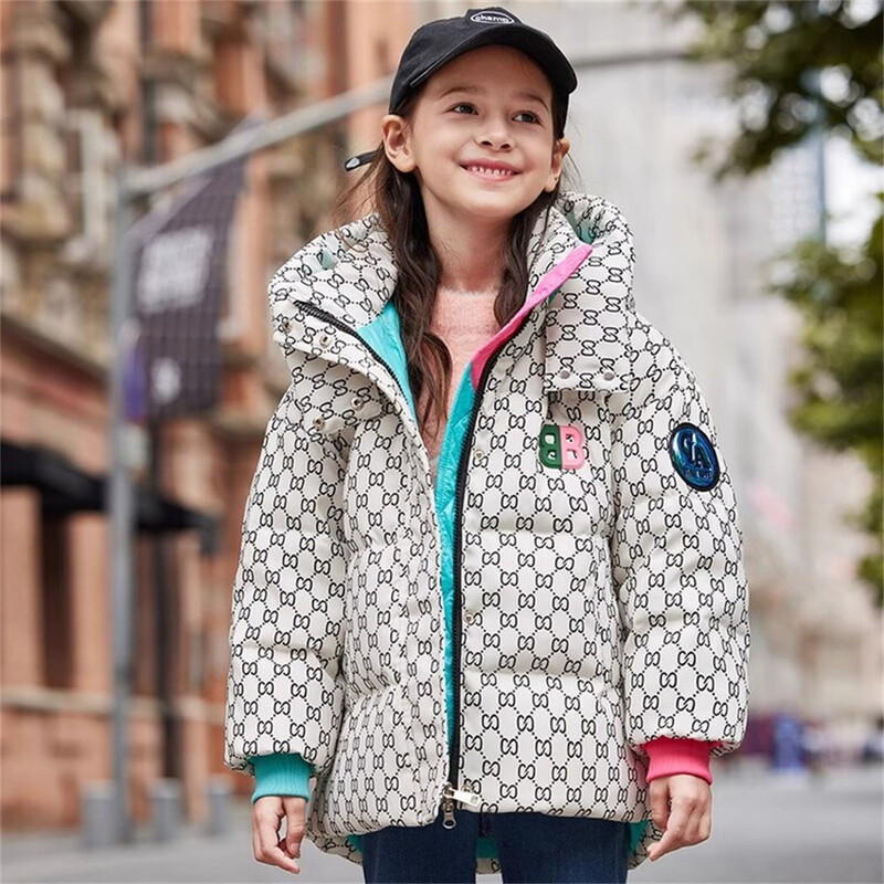 Žieminė vaikiška pūkinė striukė su storu gobtuvu mergaičių lauko medvilninė striukė Thousand Bird Grid medvilninis paltas