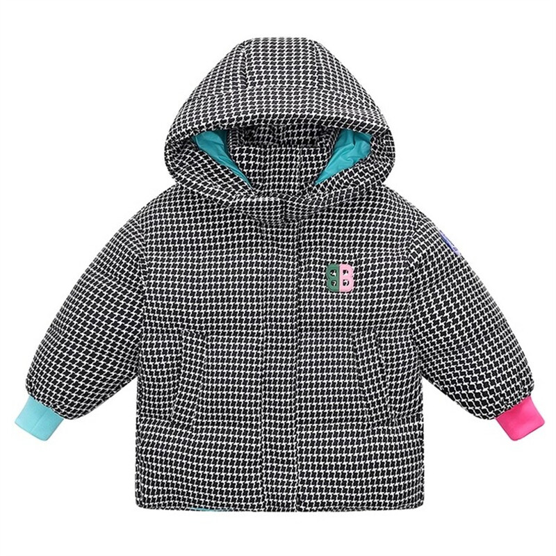 Žieminė vaikiška pūkinė striukė su storu gobtuvu mergaičių lauko medvilninė striukė Thousand Bird Grid medvilninis paltas