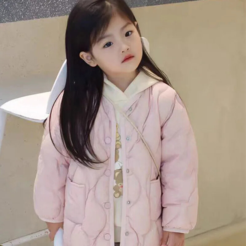 Meiteņu mētelis, viegls imitācijas dūnu jaka Meiteņu īss 2024. gada rudens, jauns bērnu apģērbs, vienkrāsains mētelis