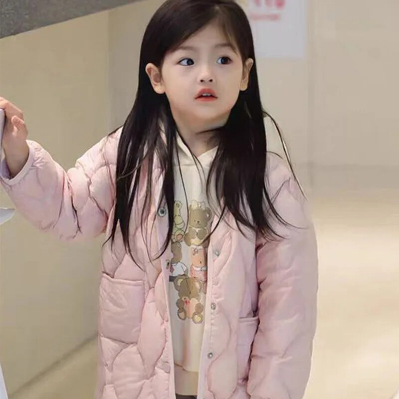 Meiteņu mētelis, viegls imitācijas dūnu jaka Meiteņu īss 2024. gada rudens, jauns bērnu apģērbs, vienkrāsains mētelis