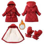 Fete Se îngroașă Jachete de puf de iarnă calde cu mănuși Adolescenți Fete Paltoane Îmbrăcăminte pentru copii Esarfă guler de blană cu glugă Plus îmbrăcăminte exterioară din catifea