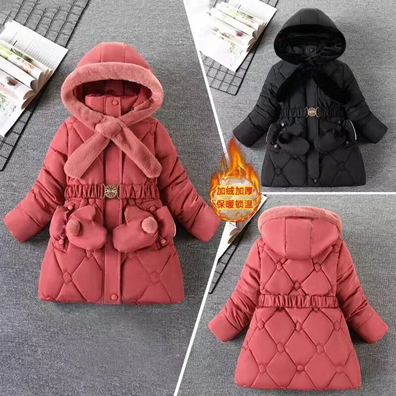 Fete Se îngroașă Jachete de puf de iarnă calde cu mănuși Adolescenți Fete Paltoane Îmbrăcăminte pentru copii Esarfă guler de blană cu glugă Plus îmbrăcăminte exterioară din catifea