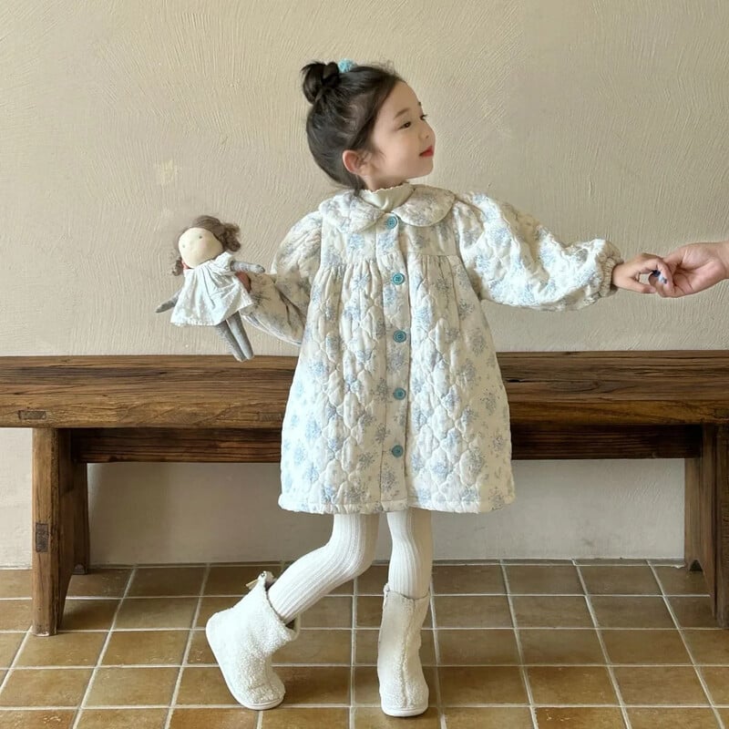 Kaput za djevojčice Zima 2024. Nova dječja odjeća Korejski stil Dječje djevojčice Inozemni stil Prošivena cvjetna pamučna pamučna suknja Ležerna jednostavna