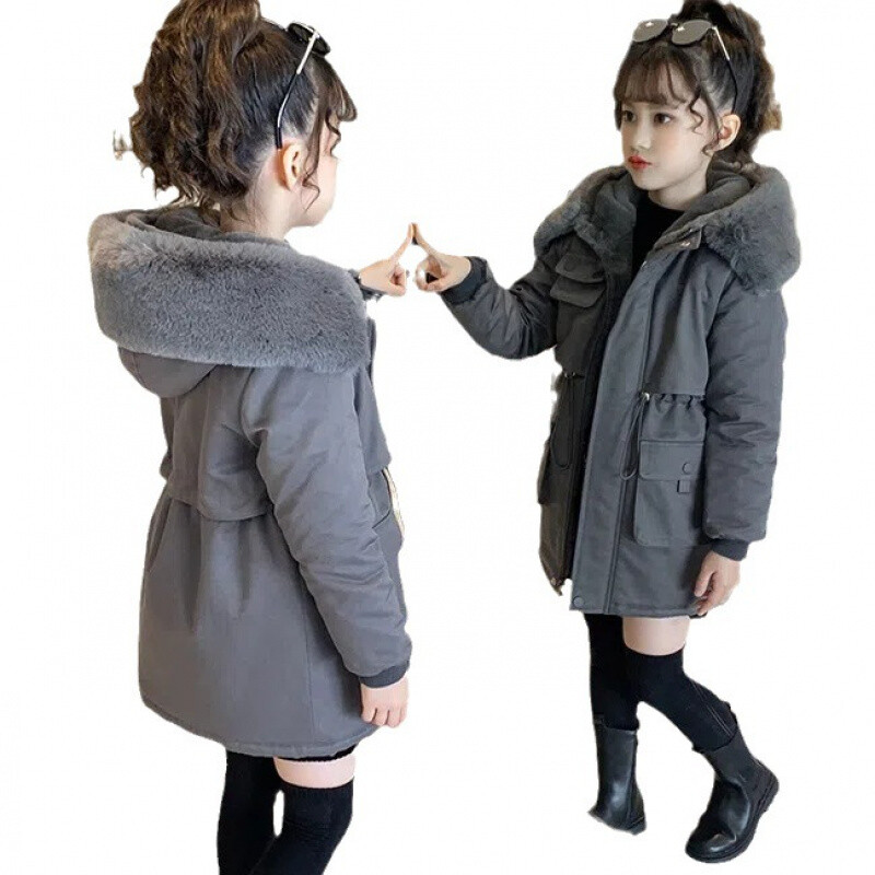 2024 Νέα χειμερινά ρούχα για κορίτσια, μοντέρνα μπουφάν με επένδυση από φλις, παχύρρευστο βαμβακερό παλτό Parka