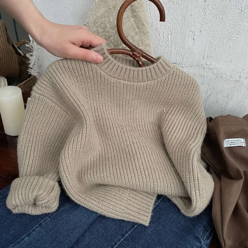 2024. aasta sügistalv Lastele paksem soe kampsun Korea stiilis Poiste ühevärviline kootud pullover Tüdrukute pehmed lahtised pikkade varrukatega topid