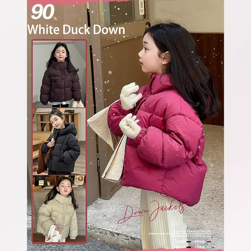 Téli baba lány kabátok koreai stílusú vastag, meleg kapucnis kacsatoll kabátok gyerekek parkok kesztyűvel gyermekruhák hóruha