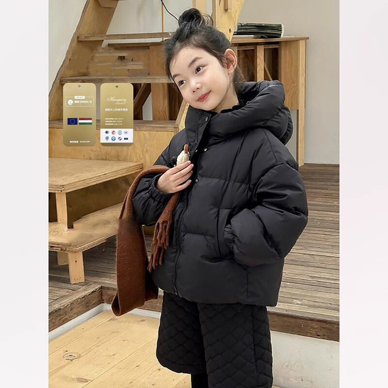 Téli baba lány kabátok koreai stílusú vastag, meleg kapucnis kacsatoll kabátok gyerekek parkok kesztyűvel gyermekruhák hóruha