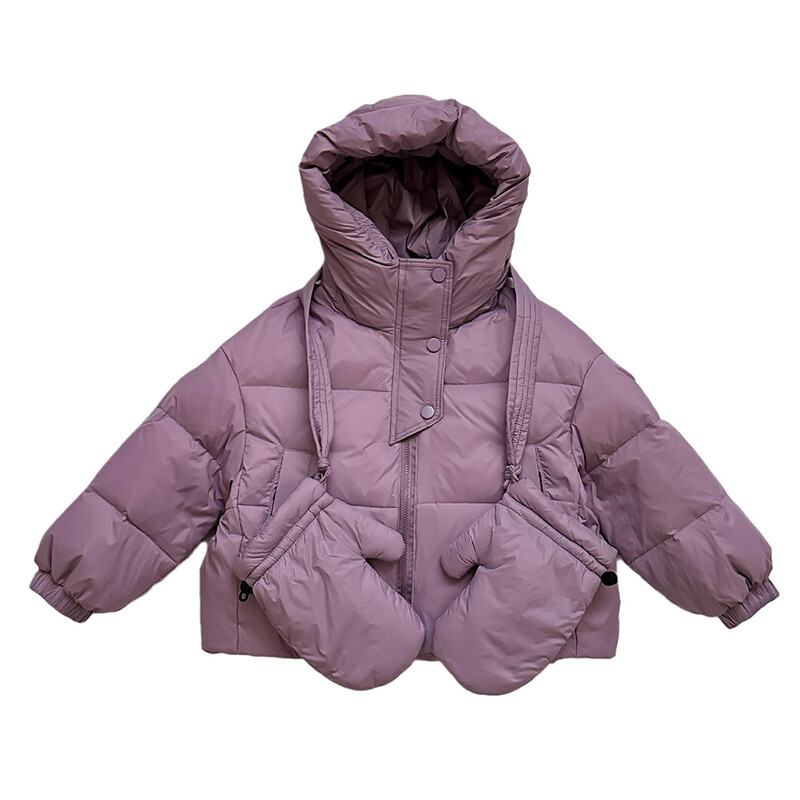 Téli baba lány kabátok koreai stílusú vastag, meleg kapucnis kacsatoll kabátok gyerekek parkok kesztyűvel gyermekruhák hóruha