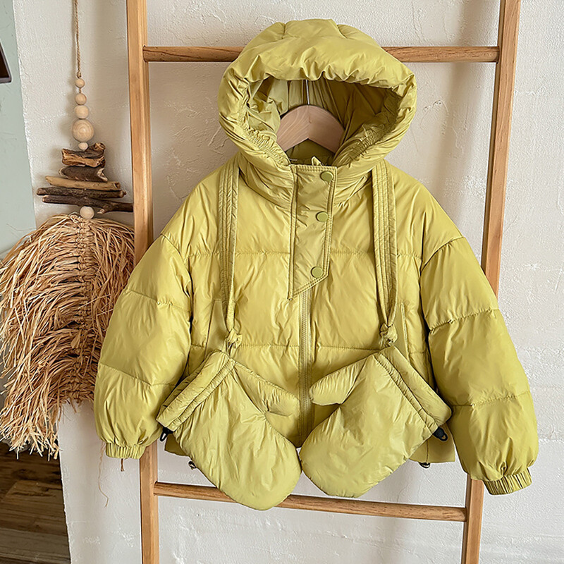Téli baba lány kabátok koreai stílusú vastag, meleg kapucnis kacsatoll kabátok gyerekek parkok kesztyűvel gyermekruhák hóruha