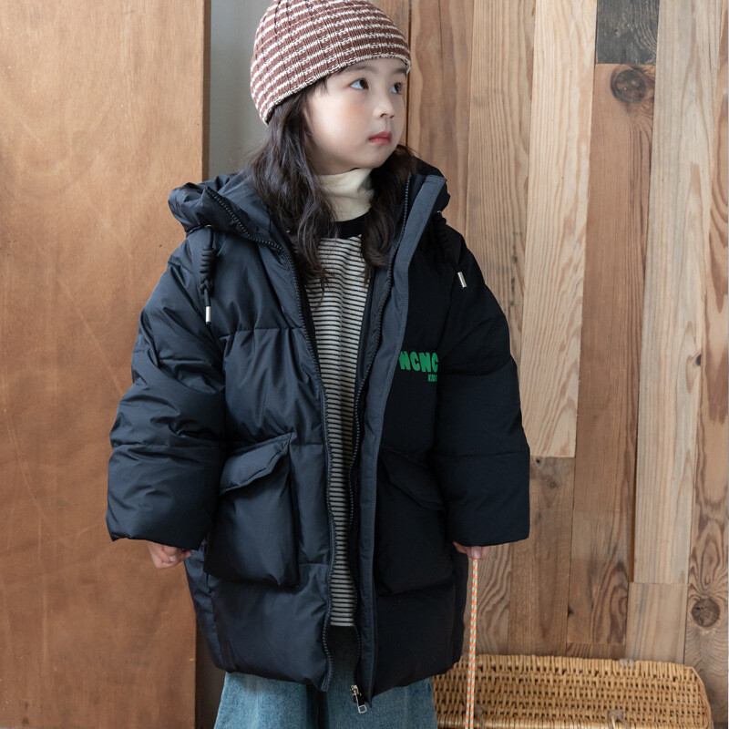 Gyerek hosszú pehelykabátok Téli vastag, meleg kapucnis kabátok Őszi lányok fiúk divatos pamut ruhák új fehér kacsa pehelykabát