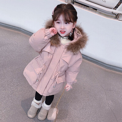 Téli lányok divatos szőrme kapucnis vastag meleg hímzés medve parkás gyerek alkalmi kabát felsőruházat 90-140 cm