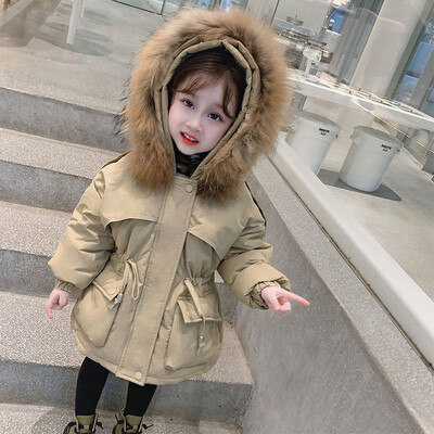 Téli lányok divatos szőrme kapucnis vastag meleg hímzés medve parkás gyerek alkalmi kabát felsőruházat 90-140 cm