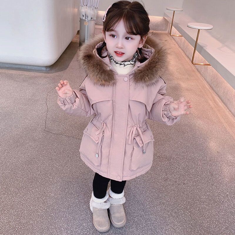 Téli lányok divatos szőrme kapucnis vastag meleg hímzés medve parkás gyerek alkalmi kabát felsőruházat 90-140 cm