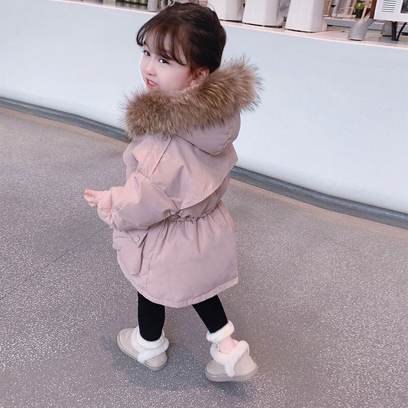 Téli lányok divatos szőrme kapucnis vastag meleg hímzés medve parkás gyerek alkalmi kabát felsőruházat 90-140 cm