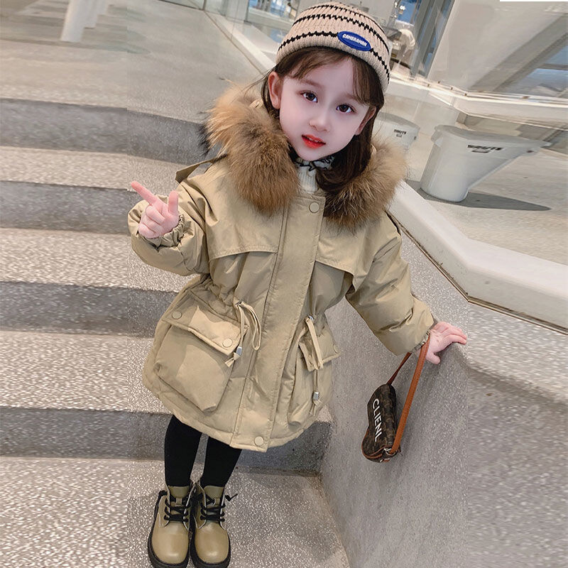 Téli lányok divatos szőrme kapucnis vastag meleg hímzés medve parkás gyerek alkalmi kabát felsőruházat 90-140 cm