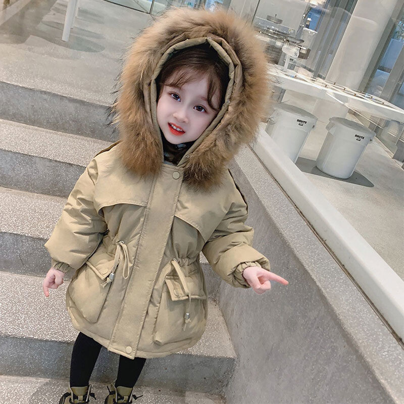 Téli lányok divatos szőrme kapucnis vastag meleg hímzés medve parkás gyerek alkalmi kabát felsőruházat 90-140 cm