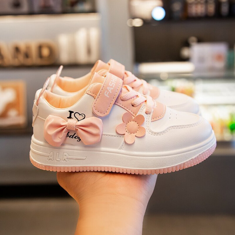 Pantofi sport cu talpă groasă, la modă pentru fete, anti-alunecare, talpă moale, pantofi albi, drăguți, papioane, pentru copii