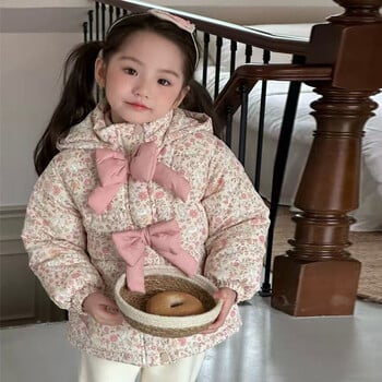 Baby girls print Jackets Παιδικά Winter Thicken Down Παλτό Παιδικά Εξωτερικά ρούχα με ζεστή κουκούλα Φιόγκος Νέα βρεφικά αντιανεμικά πάρκα