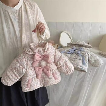 Baby girls print Jackets Παιδικά Winter Thicken Down Παλτό Παιδικά Εξωτερικά ρούχα με ζεστή κουκούλα Φιόγκος Νέα βρεφικά αντιανεμικά πάρκα