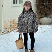 Mergaičių paltas 2024 m. rudenį Nauji vaikiški drabužiai mergaičių kūdikiams vakarietiško stiliaus leopardo raštas dvipusis gobtuvas paminkštintas striukė