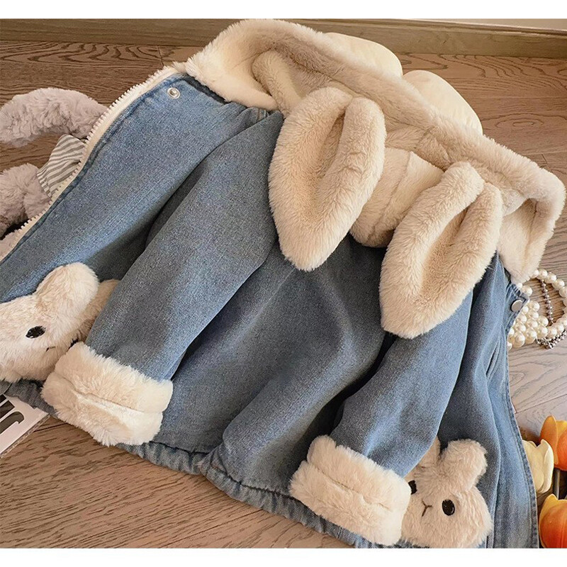 Nauja žieminė mergaičių džinsinė striukė Animacinio filmo triušio raštų kratinys pamušalas ėrienos vilnos stori paltai su gobtuvu 2–8 metų vaikams šiltiems viršutiniams drabužiams