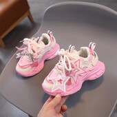 Madingi pavasario nauji vaikiški sportiniai bateliai iš PU mergaičių laisvalaikio tinklelio, šviesiai rožinė berniukų, rožinė kabliuko ir kilpos vaikiški neslystantys sportiniai bateliai