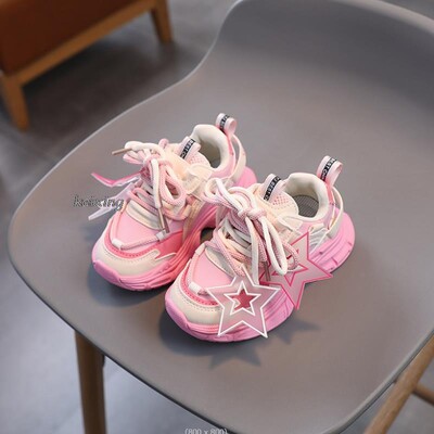 Madingi pavasario nauji vaikiški sportiniai bateliai iš PU mergaičių laisvalaikio tinklelio, šviesiai rožinė berniukų, rožinė kabliuko ir kilpos vaikiški neslystantys sportiniai bateliai