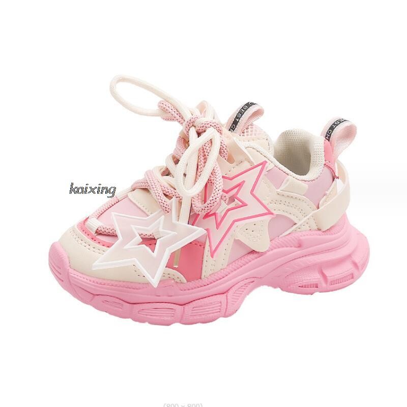 Madingi pavasario nauji vaikiški sportiniai bateliai iš PU mergaičių laisvalaikio tinklelio, šviesiai rožinė berniukų, rožinė kabliuko ir kilpos vaikiški neslystantys sportiniai bateliai