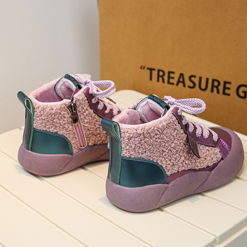 Madingi purpuriniai juodi ėriuko vilnos sportbačiai mergaitėms, laisvalaikio pliušiniai trumpi batai berniukams, žieminiai, šilti kailiniai sportiniai batai