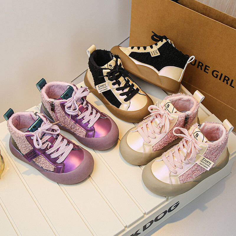 Madingi purpuriniai juodi ėriuko vilnos sportbačiai mergaitėms, laisvalaikio pliušiniai trumpi batai berniukams, žieminiai, šilti kailiniai sportiniai batai