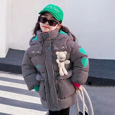 2024 m. žieminė pūkinė striukė mergaitei Paltas Plaidas su gobtuvu Vaikiški Viršutiniai drabužiai 4–13 m. paaugliams Vaikams Parka Snowsuit Vaikams