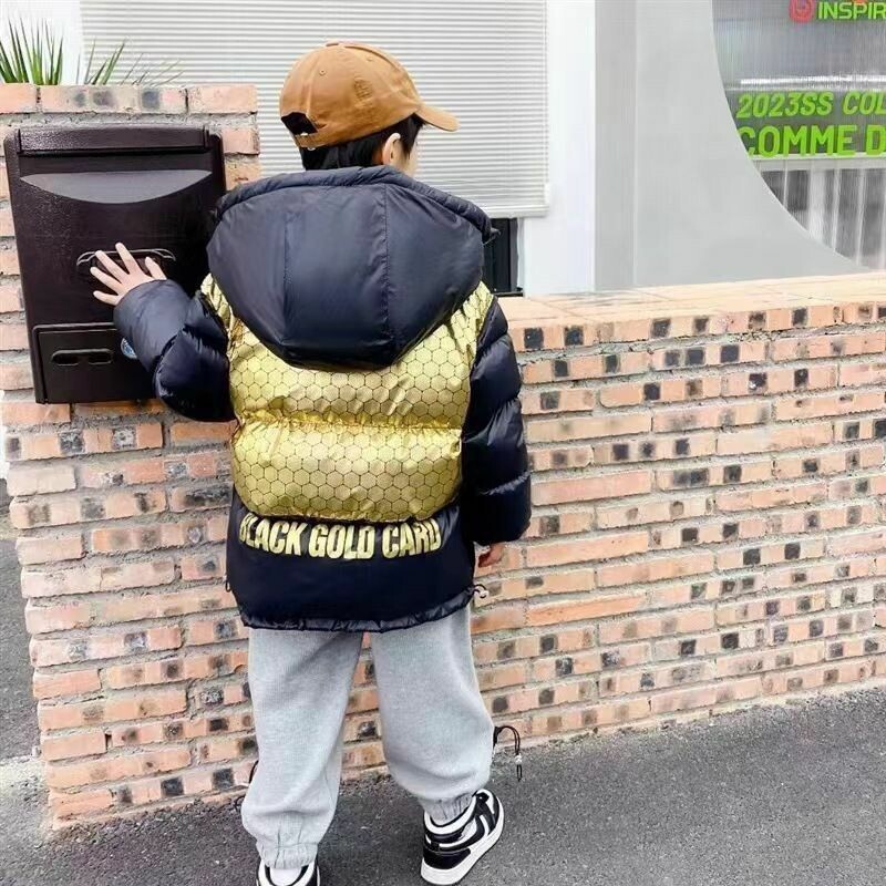 Gyermek téli új pehelykabát fekete arany pehelykabát fiúknak lányoknak közepes és nagy gyermekeknek vastagított rövid kabát