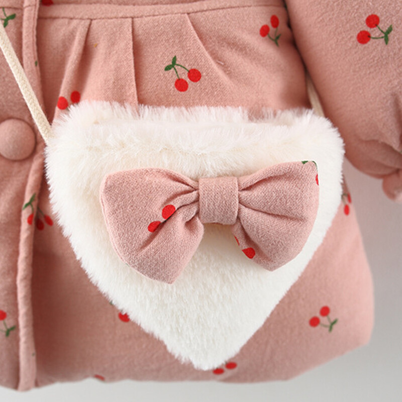 Meiteņu kokvilnas jaka ar ķiršu apdruku ar biezām garām piedurknēm siltumam un modei, nāk ar to pašu somiņu