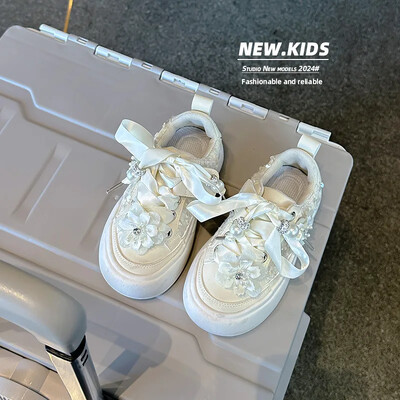 Lentes Pusaudžu Apavi Meiteņu Kristāla Pērles Rudens Brīvā laika sporta apavi bērniem Meiteņu mirdzoši Princešu aplikācijas Dēļa apavi H08182