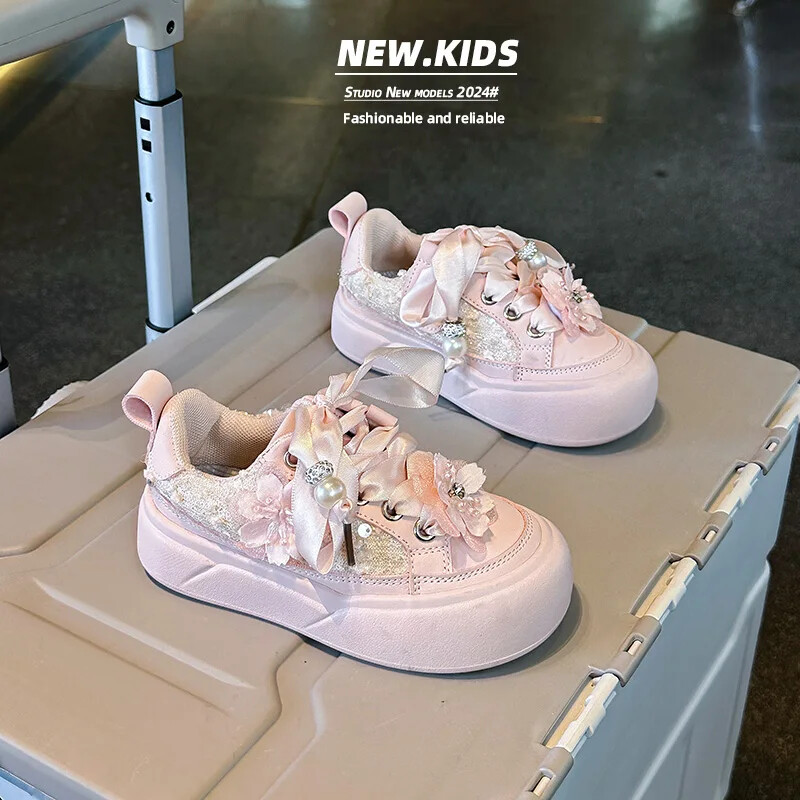 Lentes Pusaudžu Apavi Meiteņu Kristāla Pērles Rudens Brīvā laika sporta apavi bērniem Meiteņu mirdzoši Princešu aplikācijas Dēļa apavi H08182