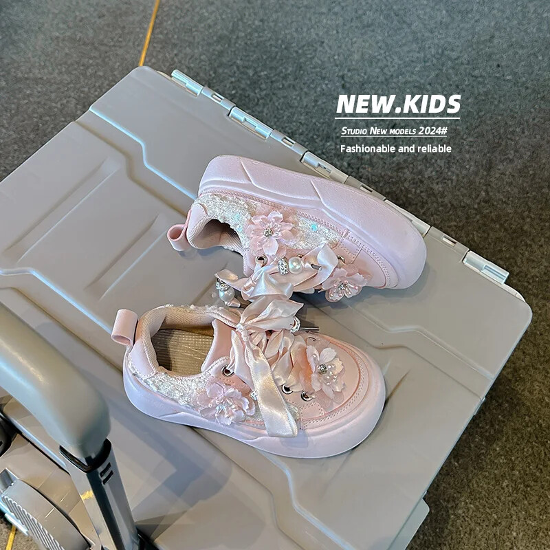 Lentes Pusaudžu Apavi Meiteņu Kristāla Pērles Rudens Brīvā laika sporta apavi bērniem Meiteņu mirdzoši Princešu aplikācijas Dēļa apavi H08182