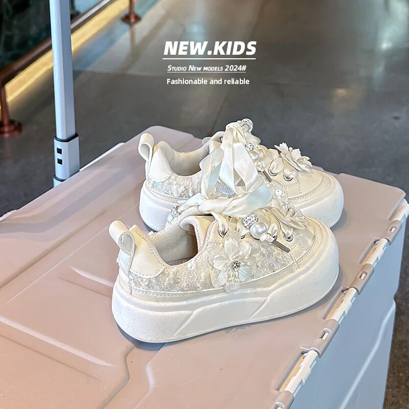 Lentes Pusaudžu Apavi Meiteņu Kristāla Pērles Rudens Brīvā laika sporta apavi bērniem Meiteņu mirdzoši Princešu aplikācijas Dēļa apavi H08182