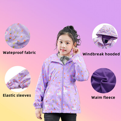 Dubbped Copii Fete Unicorn Violet Jachetă de ploaie Jachetă rezistentă la apă Cu glugă ușoară Pelerina de ploaie căptușită caldă Jachete de vânt 3-12 ani