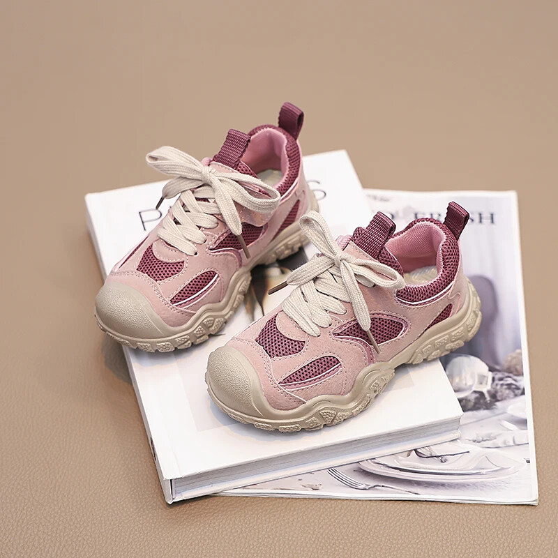 Dječja ležerna obuća za dječake Djevojčice Zračna mrežica na vezanje Prozračna Moda protiv udaraca Dječje sportske tenisice Ružičasto sive cipele