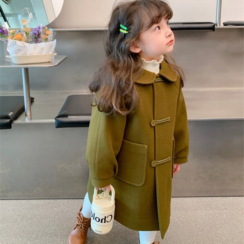 Mergaičių vilnonis paltas paltas Striukė nuo vėjo viršutiniai drabužiai 2024 m. žalia šilta stora žiemos šilta sniego kostiumai kalėdinė dovana vaikiška Cl